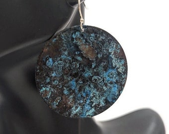 Blue Patina Copper Earrings, Turquoise Blue Statement Earrings, Verdigris Patina