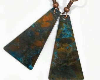 Patina and Copper Earrings, Blue Turquoise patina, Dangle Drop Earrings