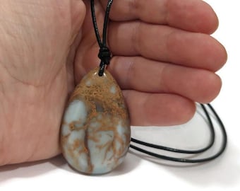 Ocean Jasper Necklace Blue Jasper Pendant on Leather Necklace