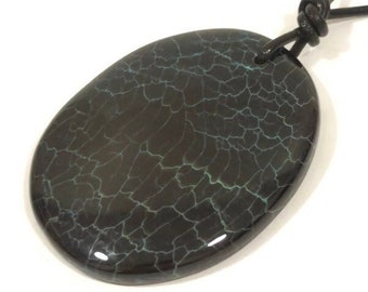 Dragon Veined Gemstone Pendant, Black Medallion Fire Agate Pendant