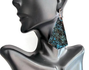 Blaugrüne Patina-Ohrringe, geometrische Ohrringe, Patina- und Kupferohrringe