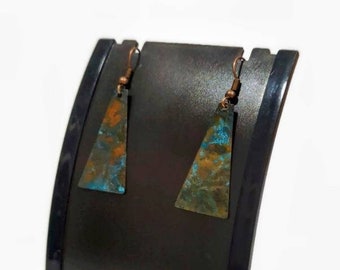 Verdigris Patina Copper Earrings,  Blue Turquoise patina, Dangle Drop