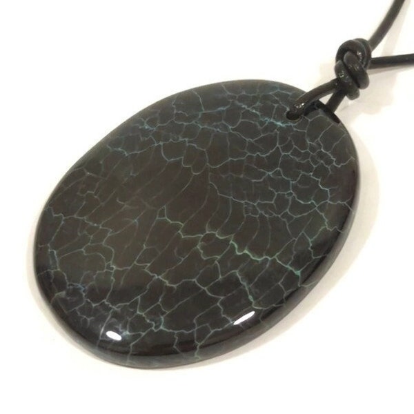 Dragon Veined Gemstone Pendant, Black Medallion Fire Agate Pendant