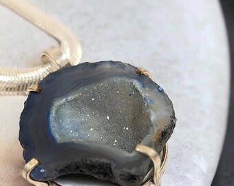 Blue Crystal Necklace Druzy Necklace Gemstone Pendant Sterling Silver Jewelry Valentines Day Necklace