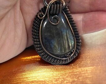 Blue Flash Labradorite Necklace, Wire Wrapped Gemstone, Blue Crystal Stone