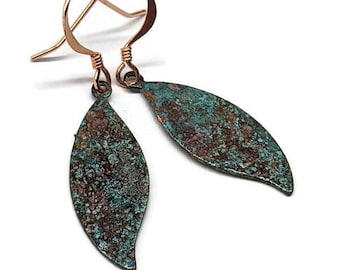 Bohemian Earrings, Copper Leaf Earrings, Blue Patina Earrings