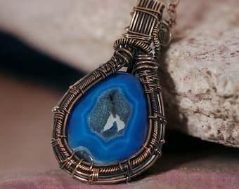 Wire Wrapped Blue Crystal Pendant, Druzy Necklace, Blue Crystal Necklace, Gift for Wife