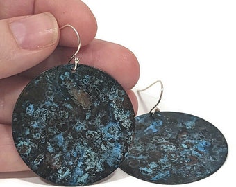 Blue Patina Copper Earrings, Turquoise Blue Statement Earrings, Verdigris Patina