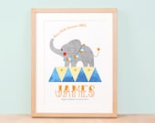 Circus elephant nursery print, personalised illustration, blue, orange, grey, A4 (11" x 8"), unframed