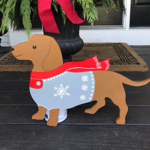 Dachshund with Christmas Holiday Sweater Outdoor Wood Lawn Decoration