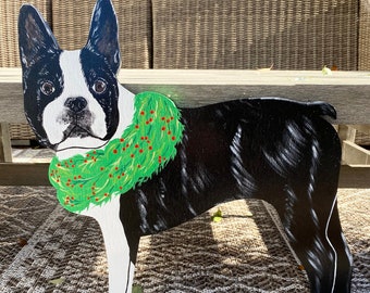 Boston Terrier Christmas Outdoor Wood Lawn Decoration