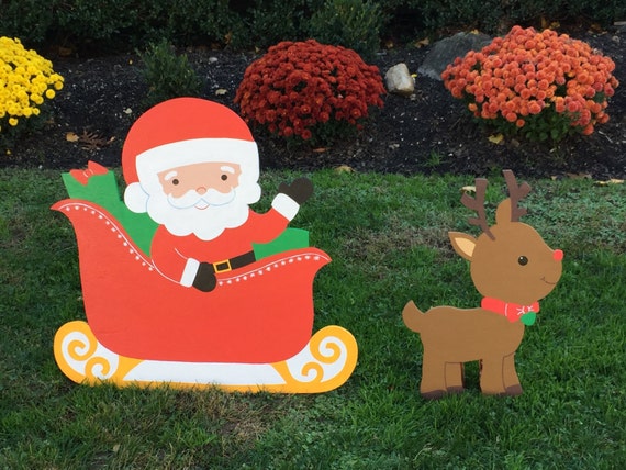Christmas Santa In Sleigh And Reindeer Outdoor Lawn Decoration Etsy