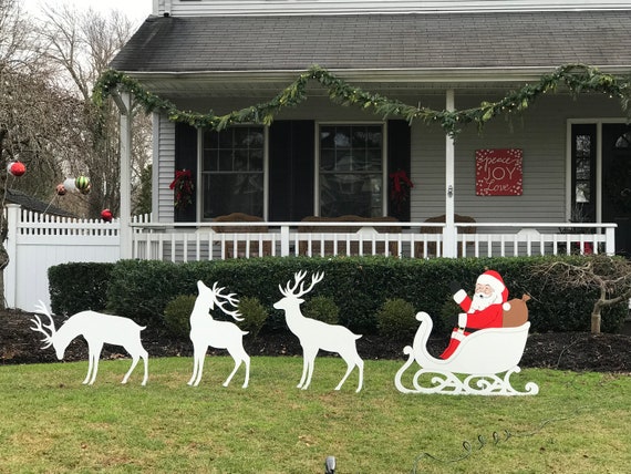 Christmas Decoration Santa In Sleigh Reindeer Outdoor Wood Etsy