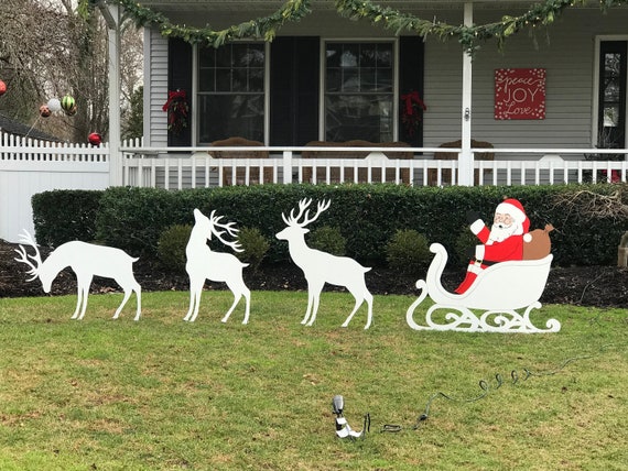 Christmas Decoration Santa in Sleigh Reindeer Outdoor Wood
