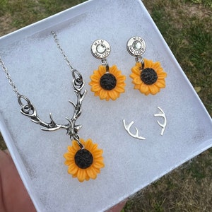 Antler & Sunflower Necklace, Sunflower 9mm Stud Earrings, and Antler Stud Earrings SET