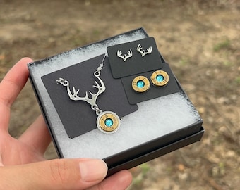 Bullet Deer Antler Necklace, Antler Earrings, Bullet Earrings || 3-Piece SET || Hunting Jewelry, Women's Hunting Gifts, Bullet Jewelry