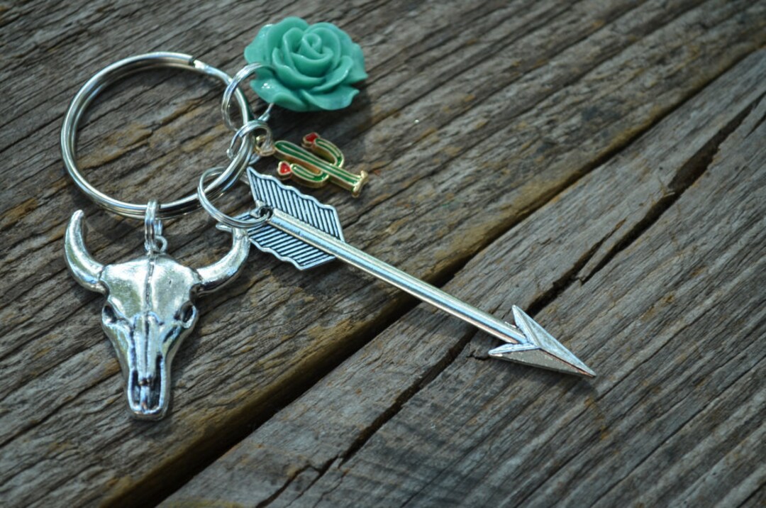 Bull Skull Keychain With Arrow, Rose & Cactus || Boho, Southwestern ...