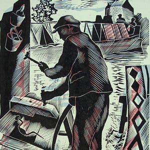 JOHN O'CONNOR Wood Engraving / Linocut Book Illustration from 1950 1st Edition of Canals, Barges and People, Shenval Press