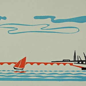 Grabado en madera de ALFRED LATOUR - Puente Pont De Pierre, Burdeos - Ilustración para el catálogo de vinos Nicolas de 1934 impreso por Draeger, Imp.