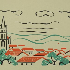 ALFRED LATOUR Gravure sur bois - Saint-Émilion, France - Illustration pour le catalogue des vins Nicolas de 1934 imprimé par Draeger, Imp.