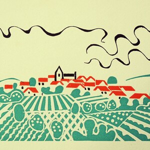 ALFRED LATOUR Gravure sur bois - Bourgognes, France - Illustration pour le catalogue des vins Nicolas de 1934 imprimé par Draeger, Imp.