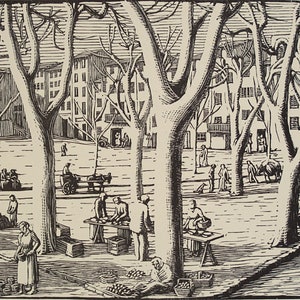 GWEN RAVERAT 1959 Wood Engraving &#39;Vence, La Place en Hiver&#39; Printed From the Original Hardwood Block