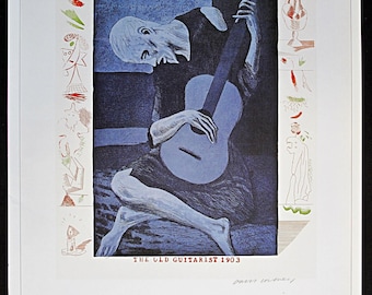 DAVID HOCKNEY 1987 Poster Print - Print of Exhibition Poster for 1977 'The Blue Guitar, 20 Etchings by David Hockney' Exhibition