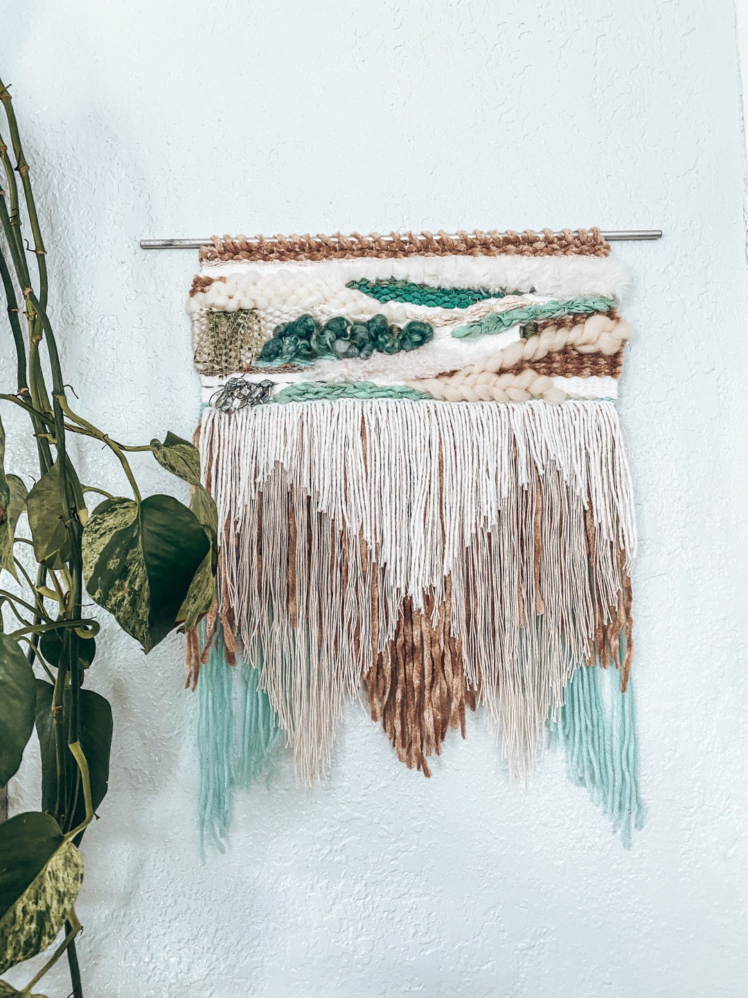 Large Neutral and Aqua Wall Hanging. Natural Woven Decor. Bohemian Home