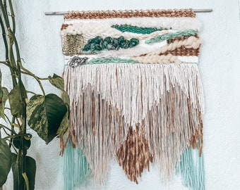 Large Neutral and Aqua Wall Hanging. Natural Woven Decor. Bohemian Home Decor. Bohemian Wall Hanging. Weaving.