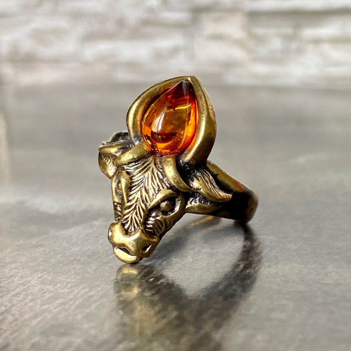Brass bull head ring with amber Size 7 8 1/2 US Taurus Etsy