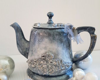 Decorated vintage style kettle,gray black shabby chic teapot,recycled original handmade christmas gift for her,victorian style pottery