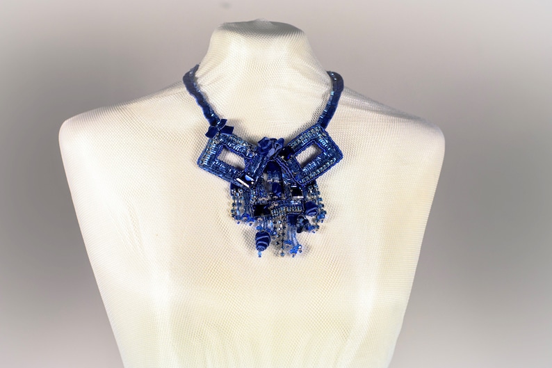 Royal blue beaded velvet rhinestone big choker