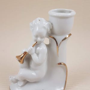 Vintage Cherub Figurine child angel playing dude candle holder for thin candle white porcelain