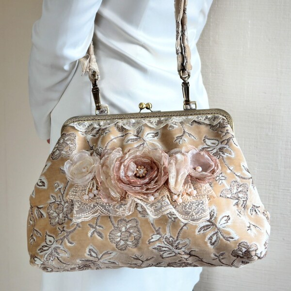 Beige gold Tapestry Bag- Big Embroidered Floral Carpet Bag Vintage Style Unique Fashion Shoulder Purse OOAK