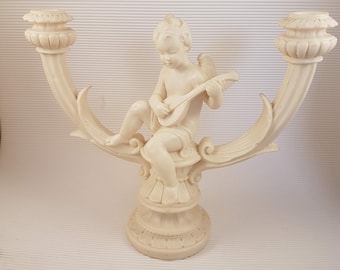 Vintage marmeren cherubijnkandelaar voor twee kaarsen gemaakt in Italië