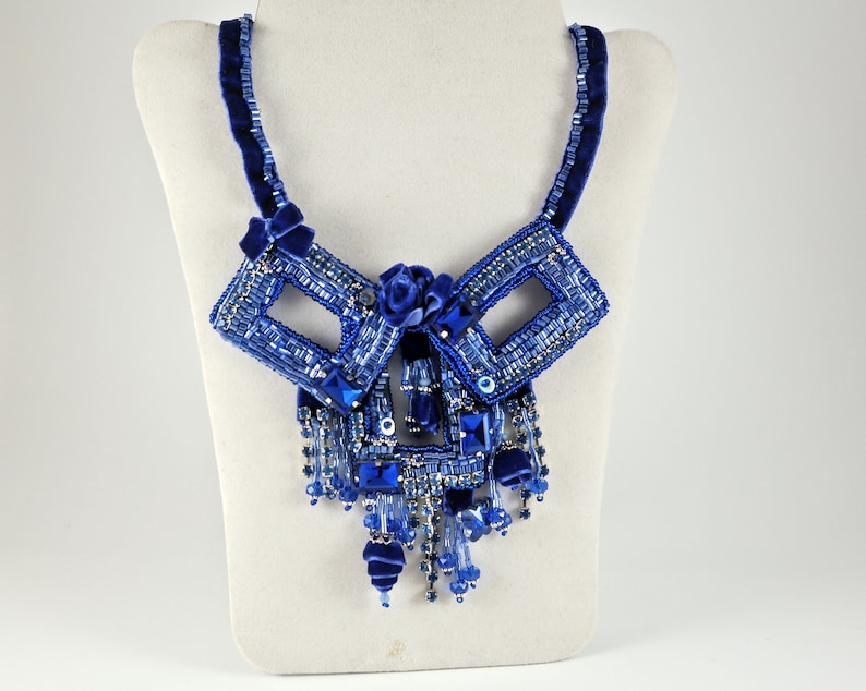 Royal blue beaded velvet rhinestone big choker
