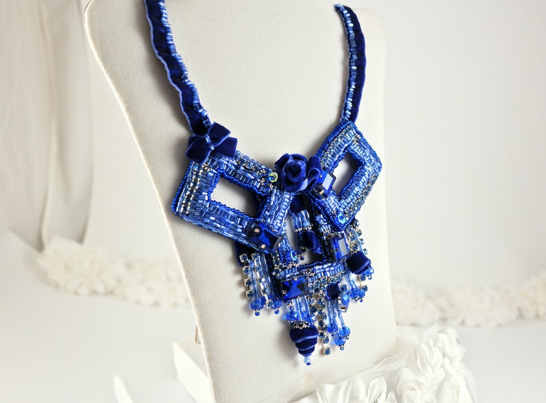 Royal blue beaded velvet rhinestone big choker