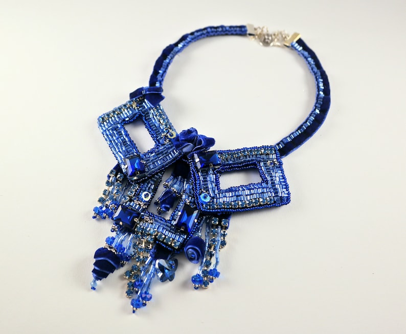 Royal blue beaded velvet rhinestone big choker