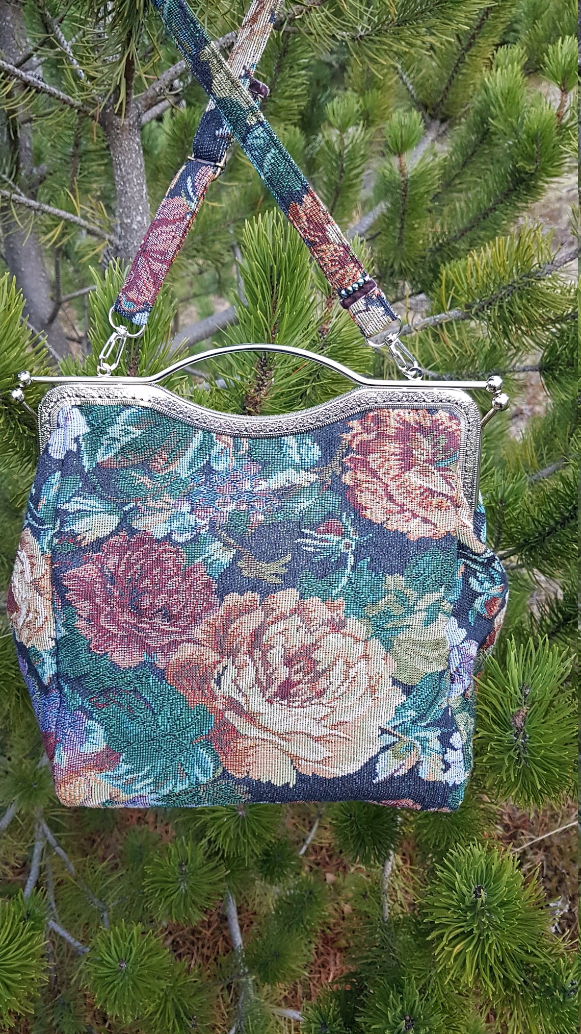 Tapestry Embroidered Floral Handbag Vintage Red Green Mary Etsy