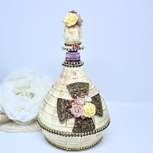 Frasco de perfume de rosa bege alterado - mini frasco de vidro de filigrana de cruz vitoriana clara - estilo vintage decorado floral presente romântico para ela