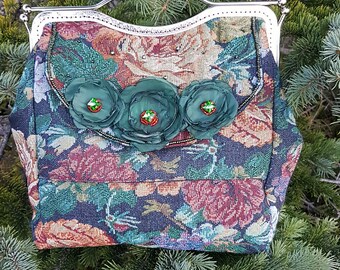 Handtas met geborduurde bloemen, vintage roodgroene Mary Poppins-tas, stoffen clutch
