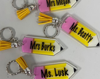 Pencil shaped personalized keychains, teacher gifts,
