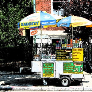fotografie, straatfotografie, New York, hotdog, voedsel kar, getekende kunst, stedelijke, metro, stad, straat, lifestyle, handgetekende