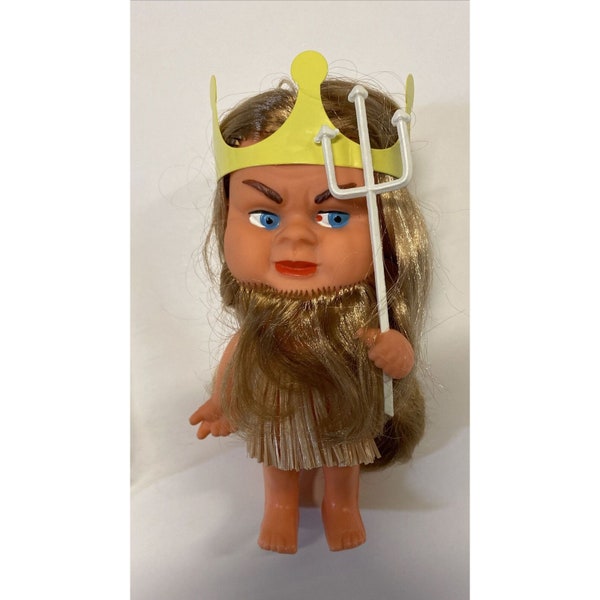 Vintage King Triton Neptune Fork 6” Mermaid Style Doll Grass Skirt Tiki Bar Deco