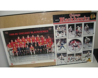 2 LOT Vintage Chicago Blackhawks POSTERS 1987-88 1988-89 Coke Kodak FREE Ship