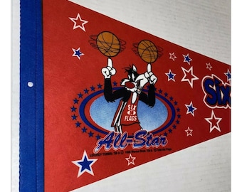 Vintage Six Flags Amusement Pk Souvenir Pennant Sylvester Cat Basketball Theme