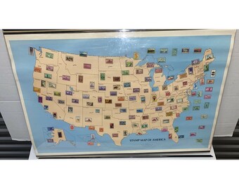 Vintage 1971 Stamp Wall Map of America Poster Minkus New York USA made Free Ship