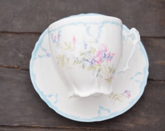 Mustache Teacup, Cup and Saucer, Weimar Germany, Blue and Pink, Floral, Footed Teacup, Light Blue, Intricate Handle, Teacup and Saucer