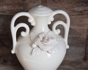 White Floral Lamp, Lamp Base, Shabby Chic Lighting, Cottage Chic, Unique Table Lamp, Handled Urn, Cottage Lamp, White Rose,Elegant,Off White