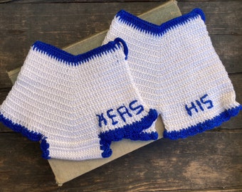 His and Hers, Vintage Potholders, Gag Gift, Underwear Decor, Blue and White, Bachelorette Gift, Vintage Novelty, His and Hers Underwear